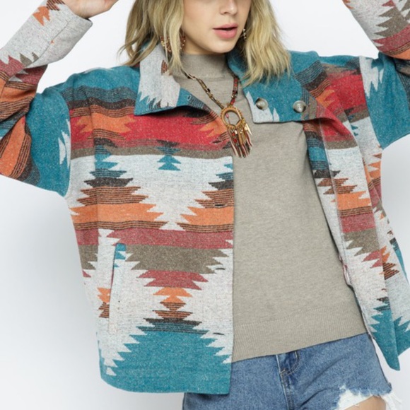 New Tribal Aztec Print Flannel Shacket Coat Jacket - Picture 4 of 11